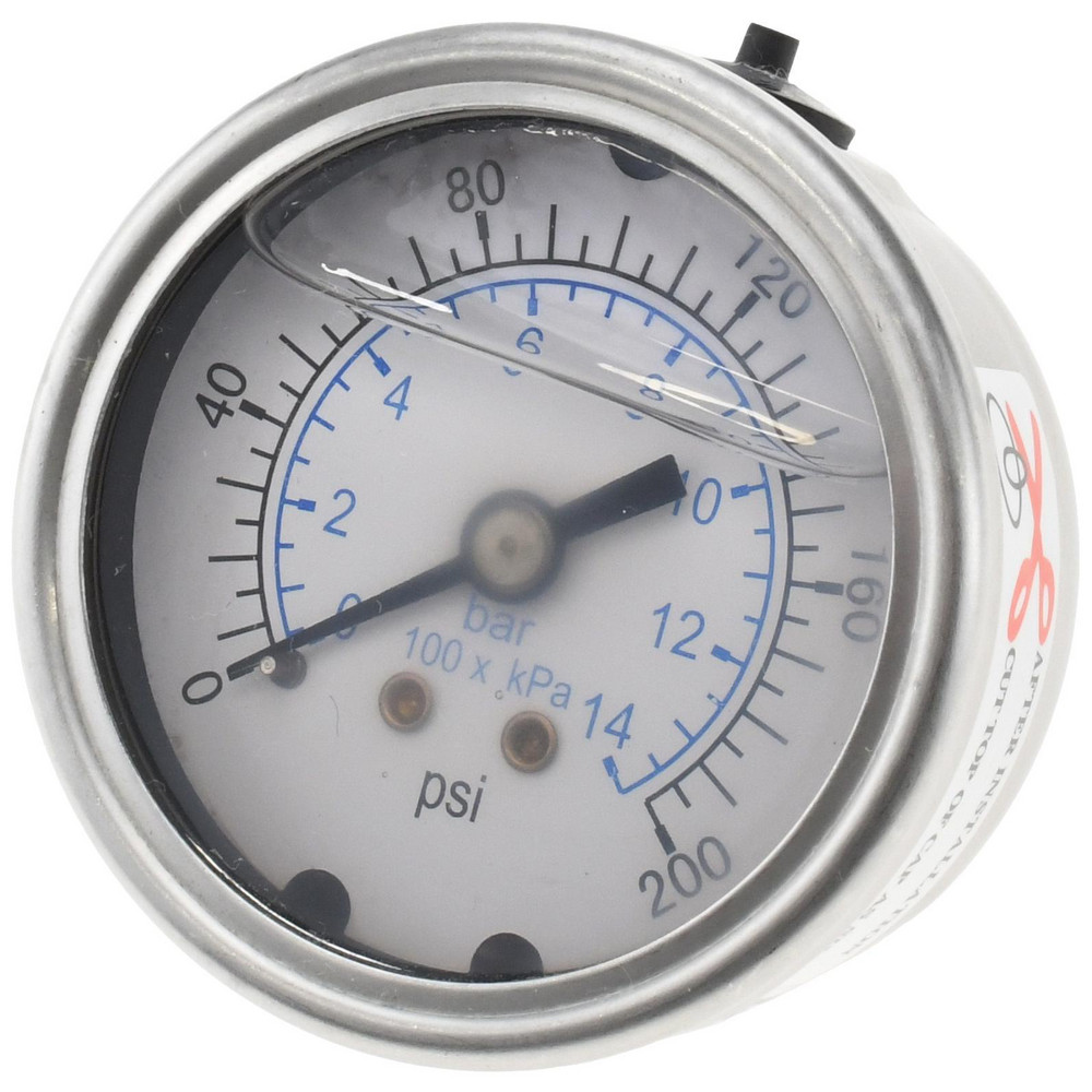 Pressure Gauge: 2" Dial, 200 psi, 1/4" Thread, NPT, Center Back Mount