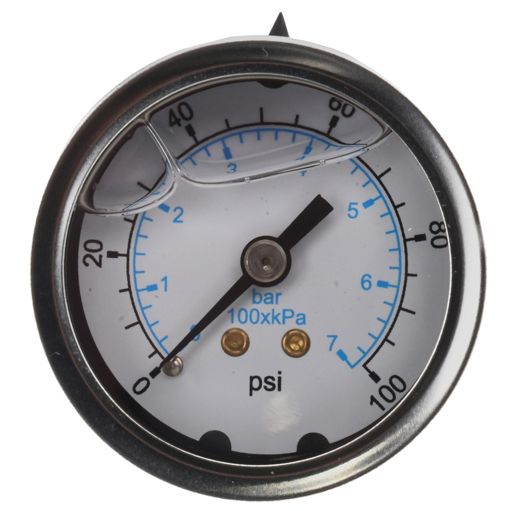 Pressure Gauge: 2" Dial, 100 psi, 1/4" Thread, NPT, Center Back Mount