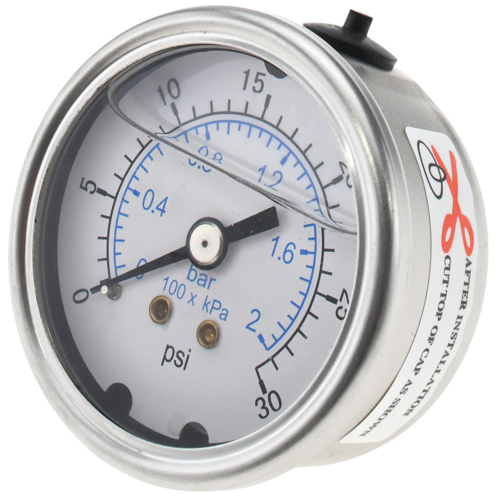 Pressure Gauge: 2" Dial, 30 psi, 1/4" Thread, NPT, Center Back Mount