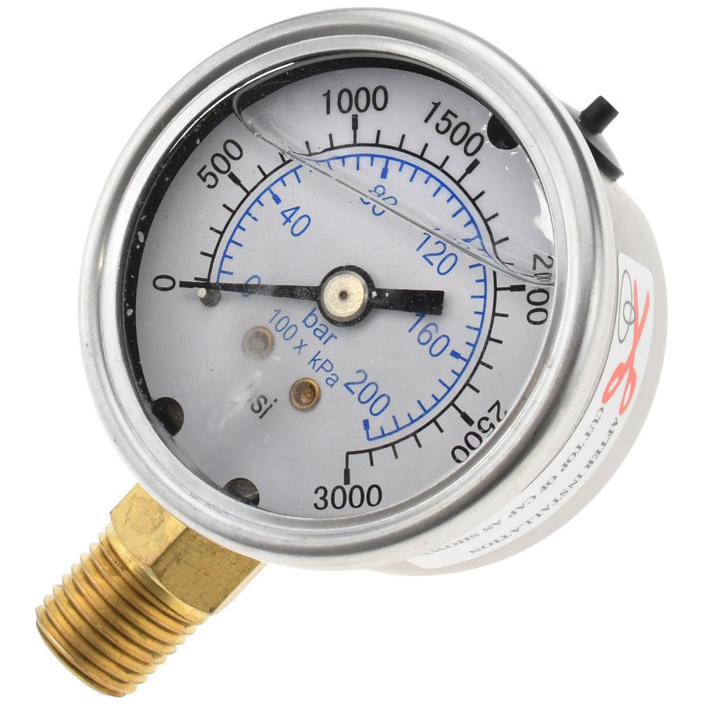 Pressure Gauge: 2" Dial, 3,000 psi, 1/4" Thread, NPT, Lower Mount