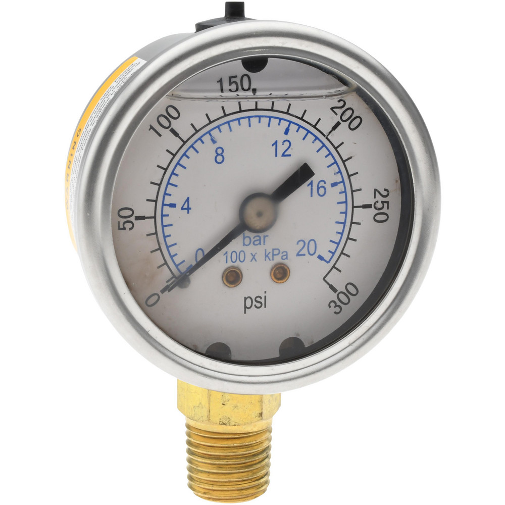 Pressure Gauge: 2" Dial, 300 psi, 1/4" Thread, NPT, Lower Mount