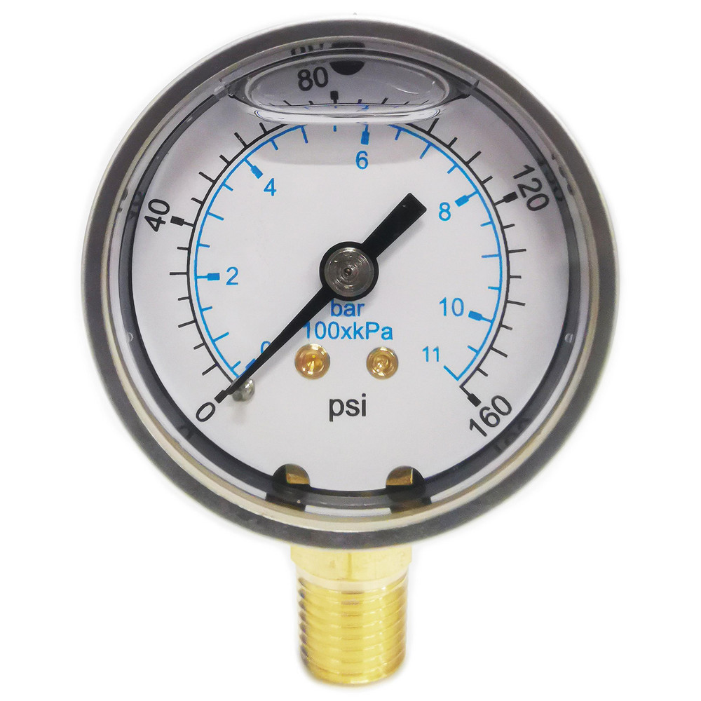Pressure Gauge: 2" Dial, 160 psi, 1/4" Thread, NPT, Lower Mount