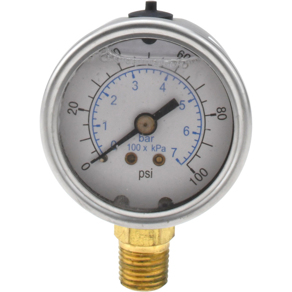 Pressure Gauge: 2" Dial, 100 psi, 1/4" Thread, NPT, Lower Mount