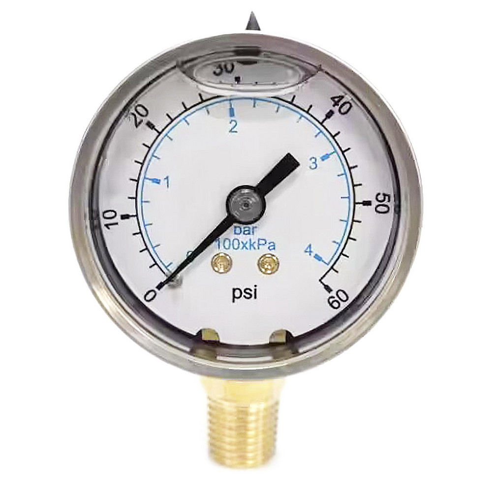 Pressure Gauge: 2" Dial, 60 psi, 1/4" Thread, NPT, Lower Mount