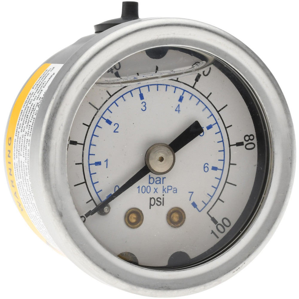Pressure Gauge: 1-1/2" Dial, 100 psi, 1/8" Thread, NPT, Center Back Mount
