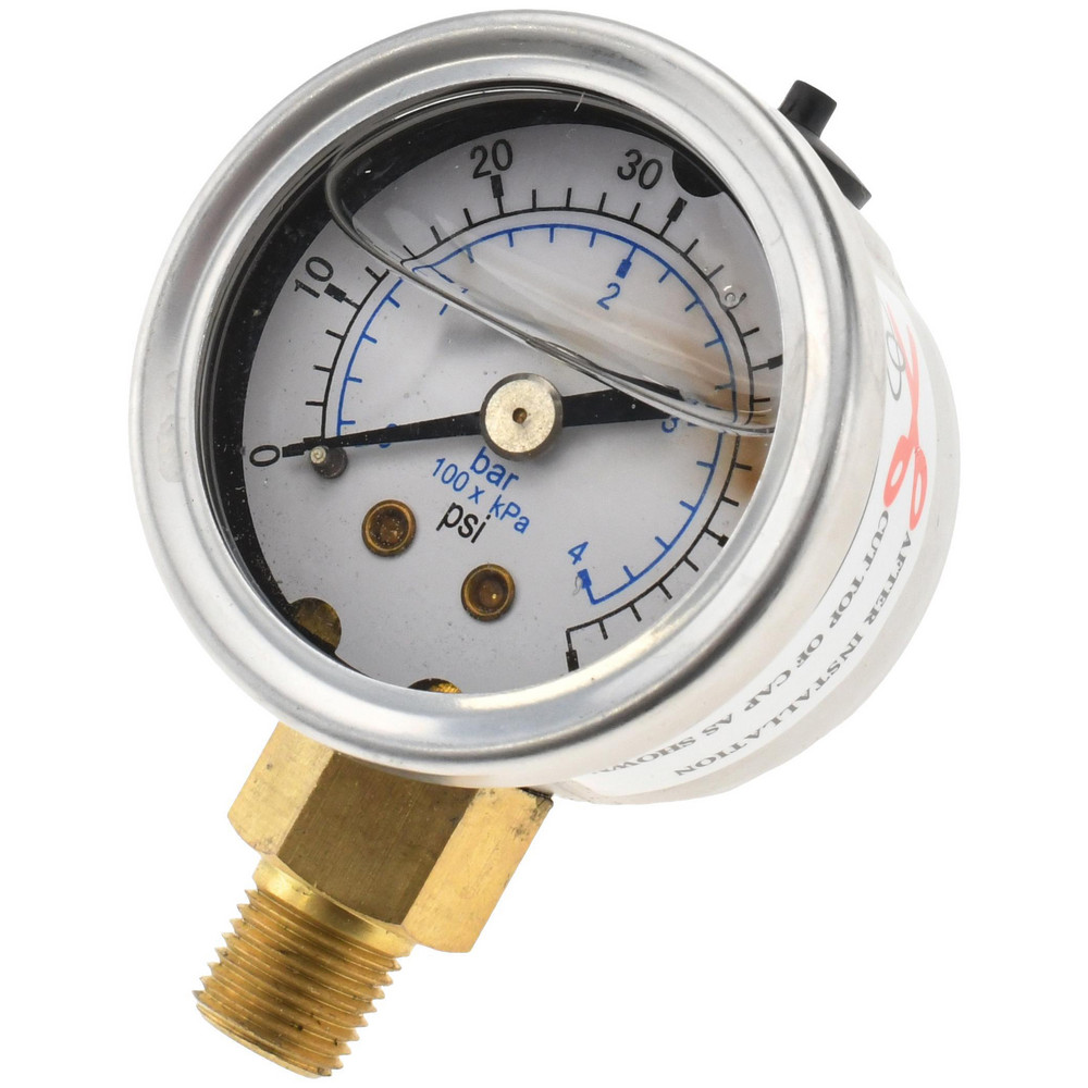 Pressure Gauge: 1-1/2" Dial, 60 psi, 1/8" Thread, NPT, Lower Mount