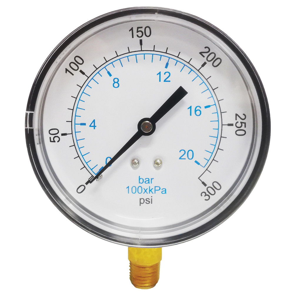 Pressure Gauge: 3-1/2" Dial, 300 psi, 1/4" Thread, NPT, Lower Mount