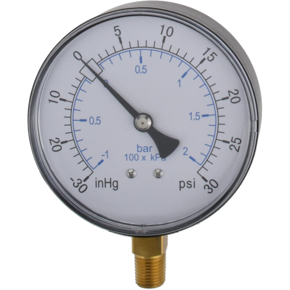 Pressure Gauge: 3-1/2" Dial, 30 psi, 1/4" Thread, NPT, Lower Mount