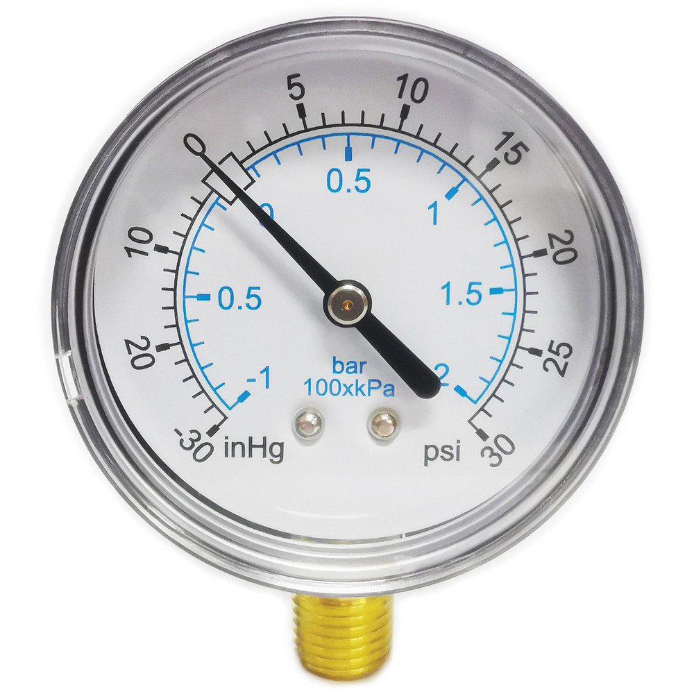 Pressure Gauge: 2-1/2" Dial, 30 psi, 1/4" Thread, NPT, Lower Mount