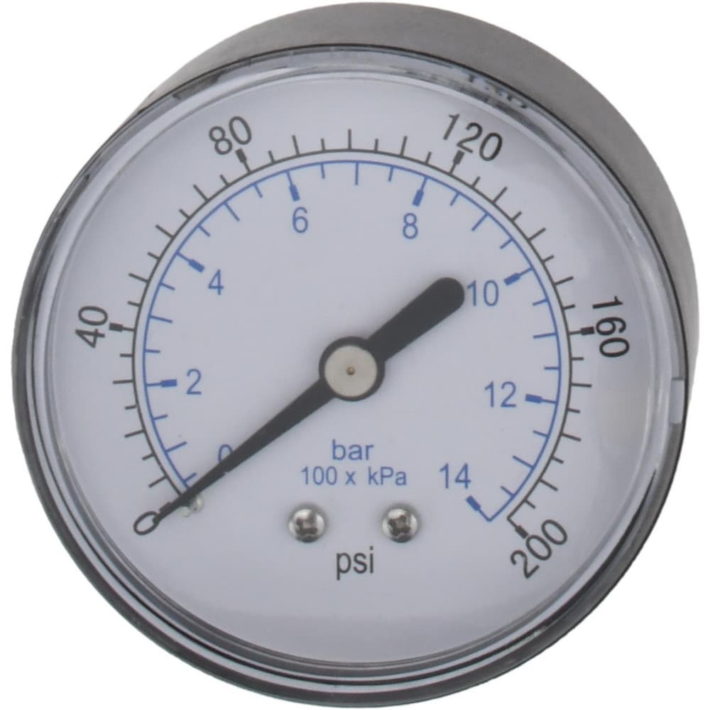 Pressure Gauge: 2-1/2" Dial, 200 psi, 1/4" Thread, NPT, Center Back Mount