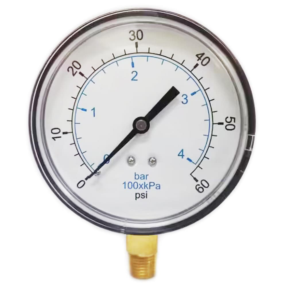 Pressure Gauge: 3-1/2" Dial, 60 psi, 1/4" Thread, NPT, Lower Mount