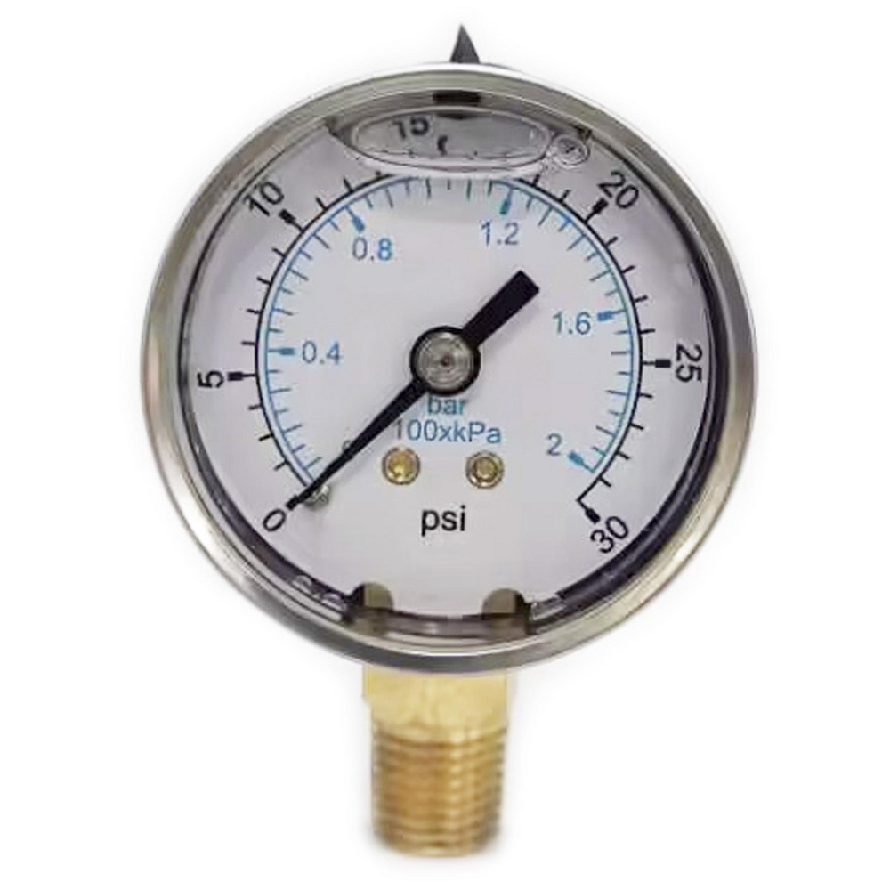 Pressure Gauge: 2" Dial, 30 psi, 1/4" Thread, NPT, Lower Mount