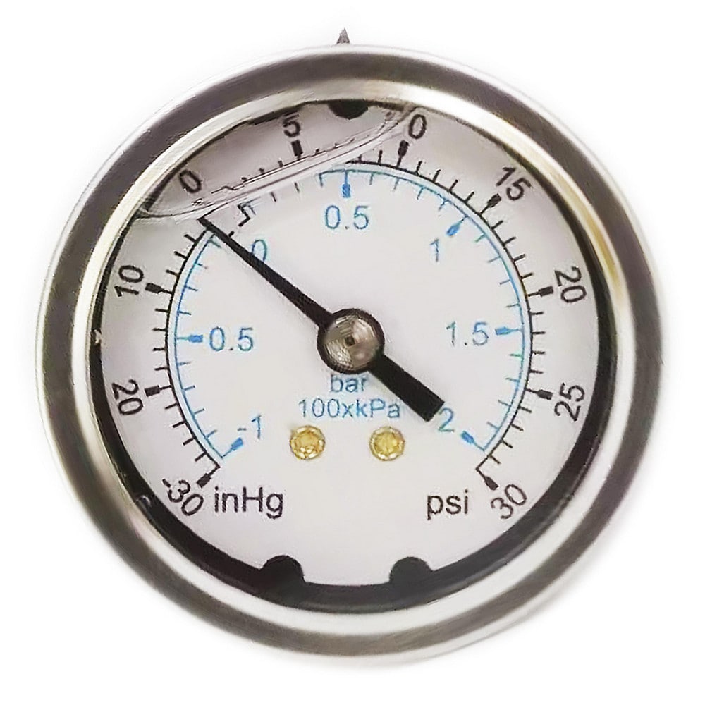 Pressure Gauge: 2" Dial, 30 psi, 1/4" Thread, NPT, Center Back Mount