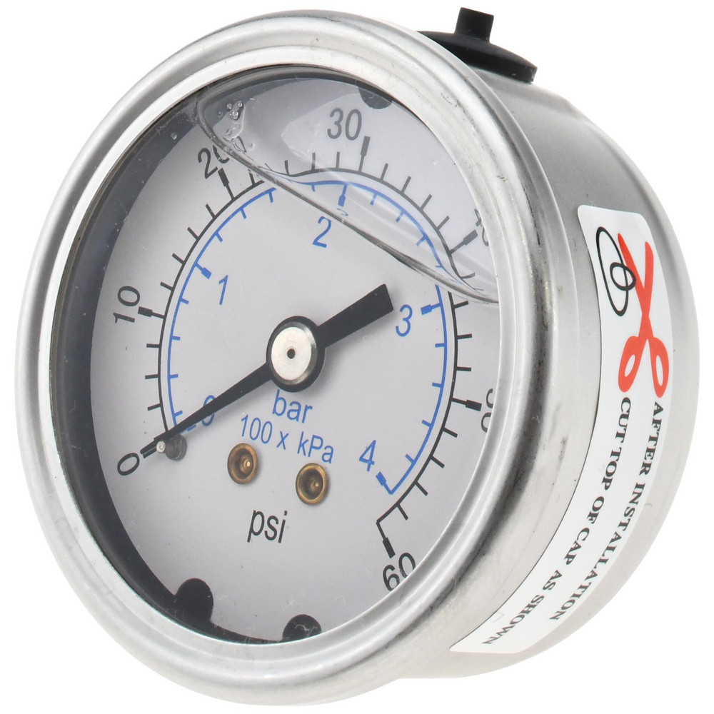 Pressure Gauge: 2" Dial, 60 psi, 1/4" Thread, NPT, Center Back Mount