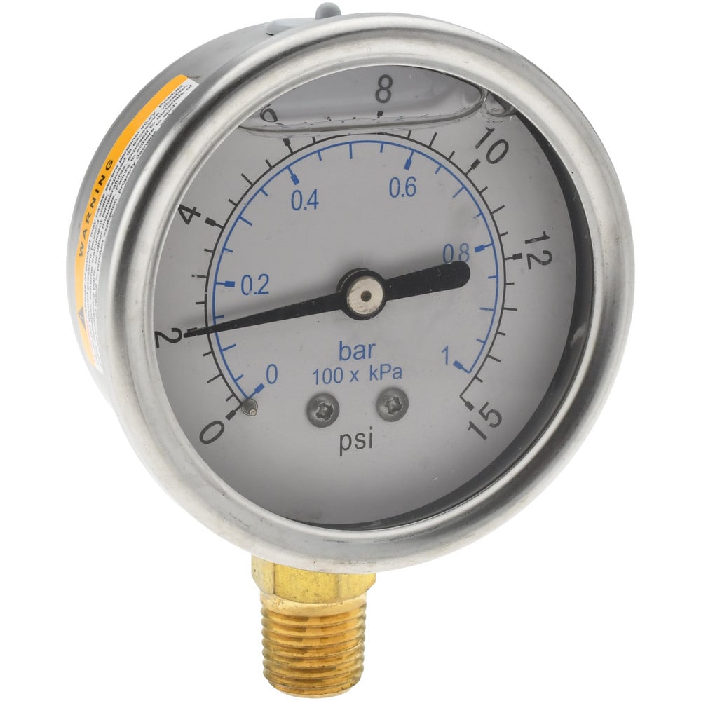 Pressure Gauge: 2-1/2" Dial, 15 psi, 1/4" Thread, NPT, Lower Mount