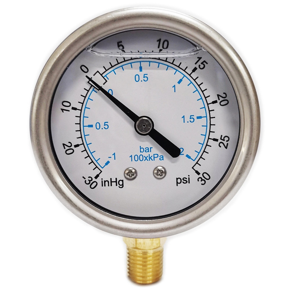 Pressure Gauge: 2-1/2" Dial, 30 psi, 1/4" Thread, NPT, Lower Mount