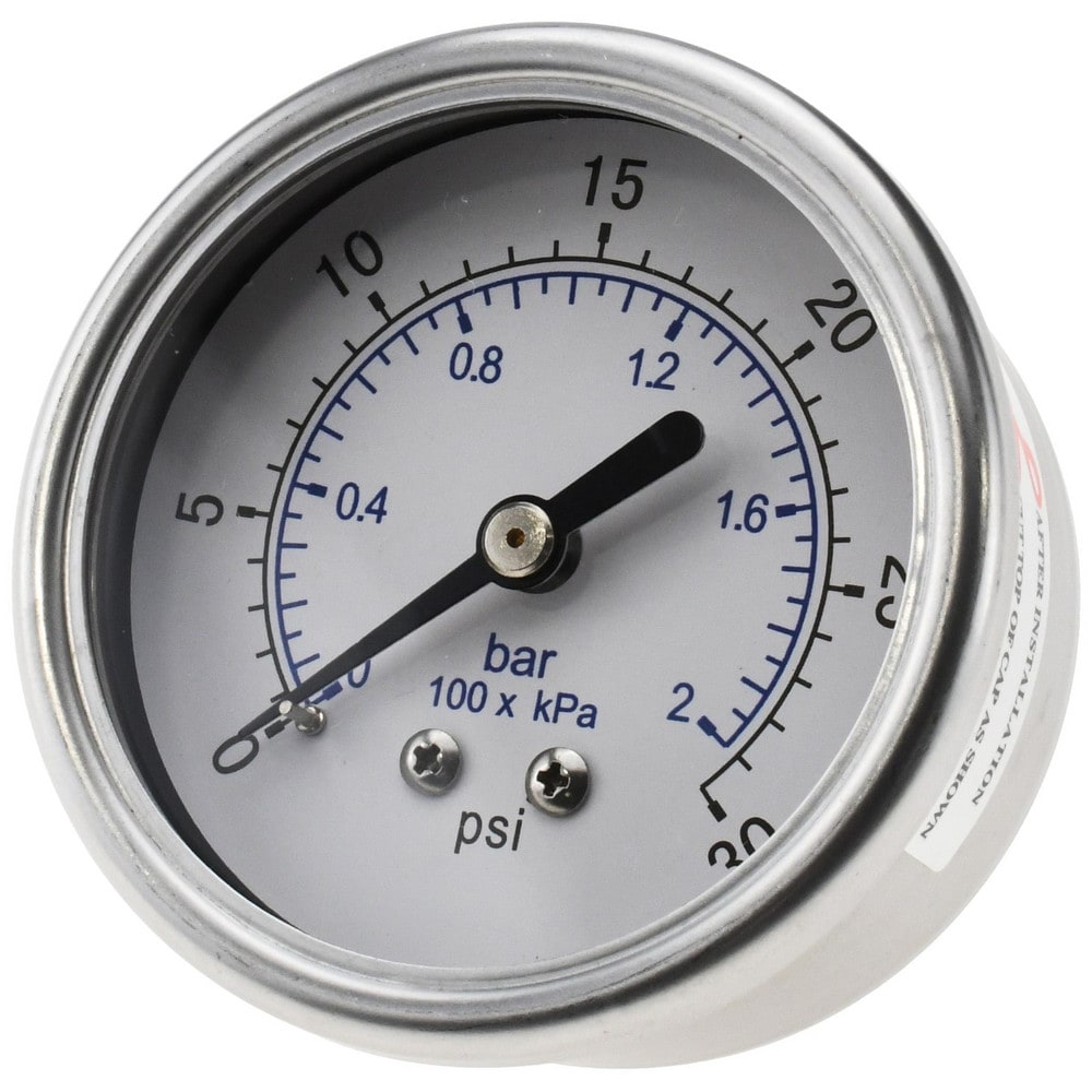 Pressure Gauge: 2-1/2" Dial, 30 psi, 1/4" Thread, NPT, Center Back Mount