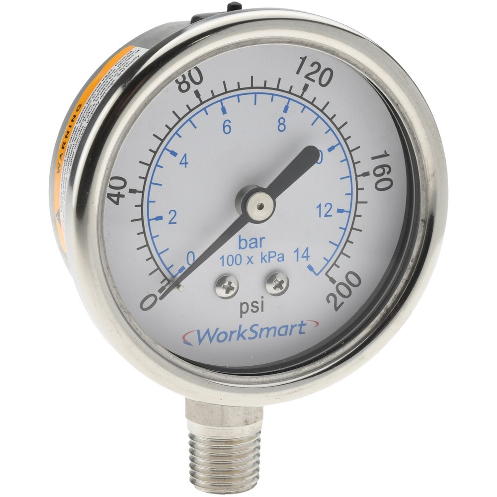 Pressure Gauge: 2-1/2" Dial, 200 psi, 1/4" Thread, NPT, Lower Mount