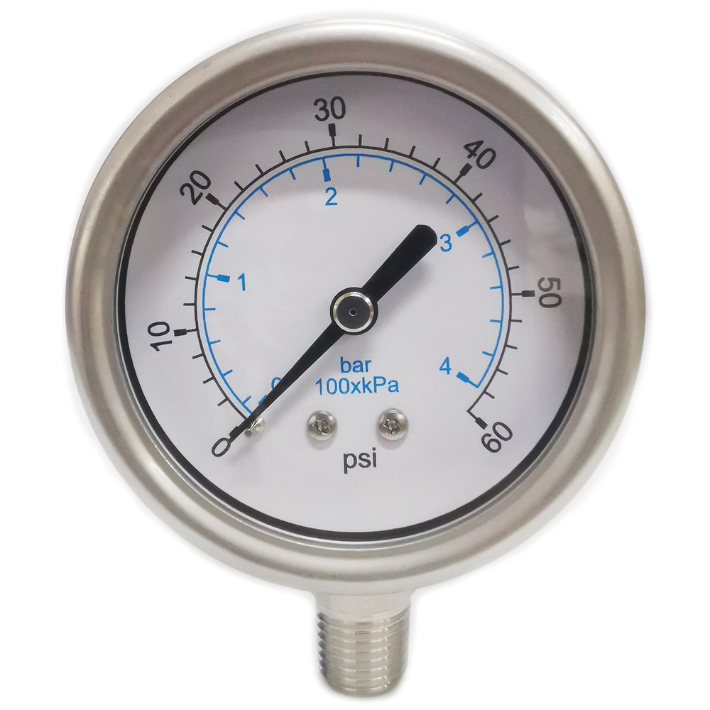 Pressure Gauge: 2-1/2" Dial, 60 psi, 1/4" Thread, NPT, Lower Mount