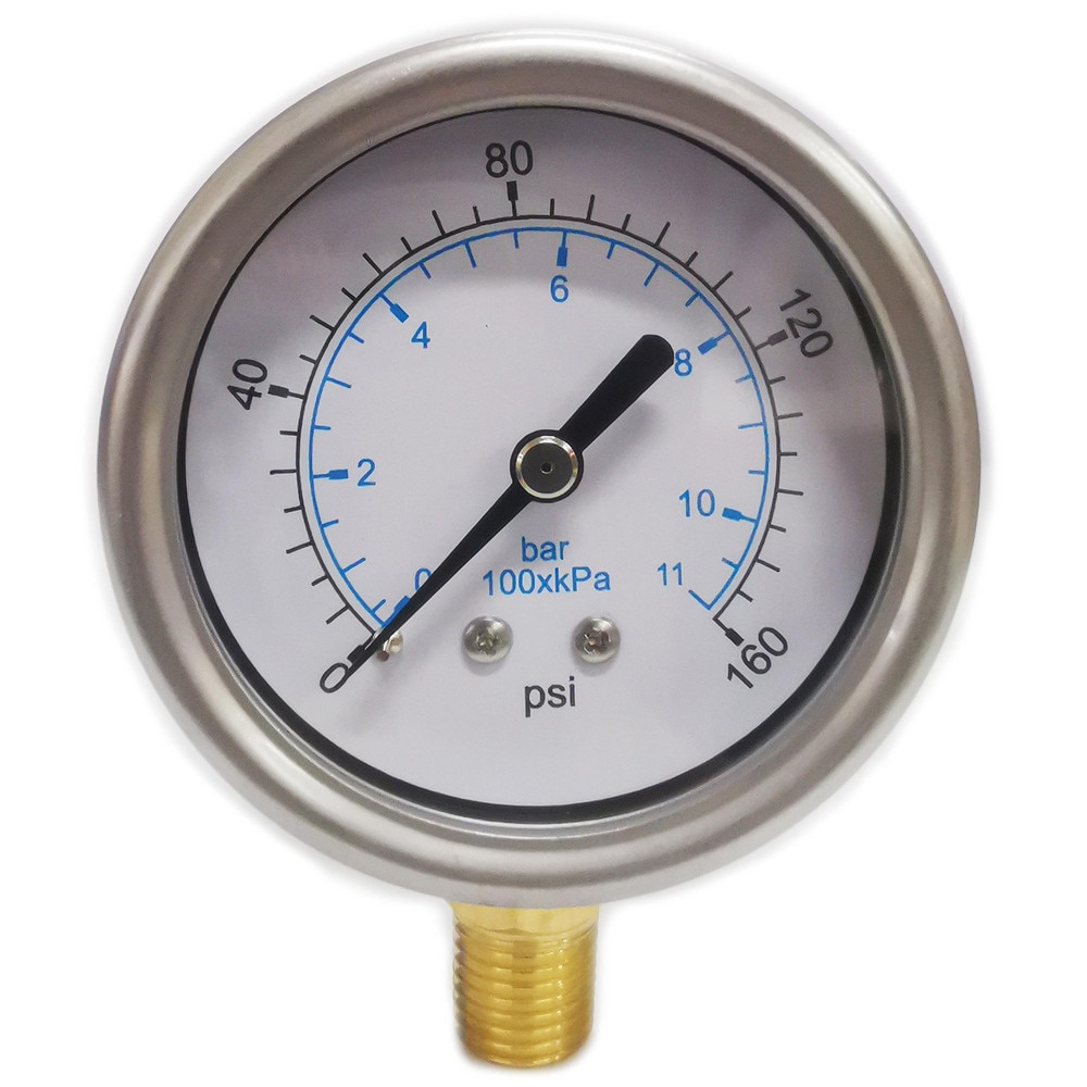 Pressure Gauge: 2-1/2" Dial, 160 psi, 1/4" Thread, NPT, Lower Mount