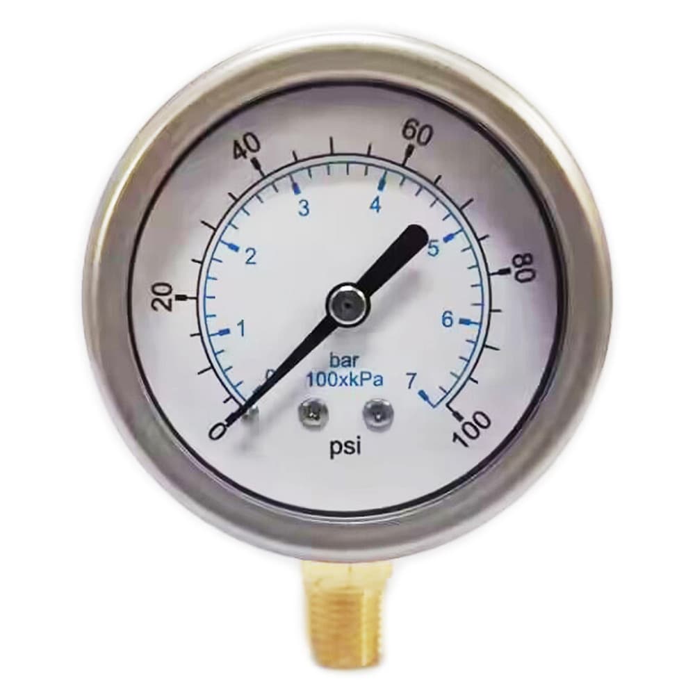 Pressure Gauge: 2-1/2" Dial, 100 psi, 1/4" Thread, NPT, Lower Mount