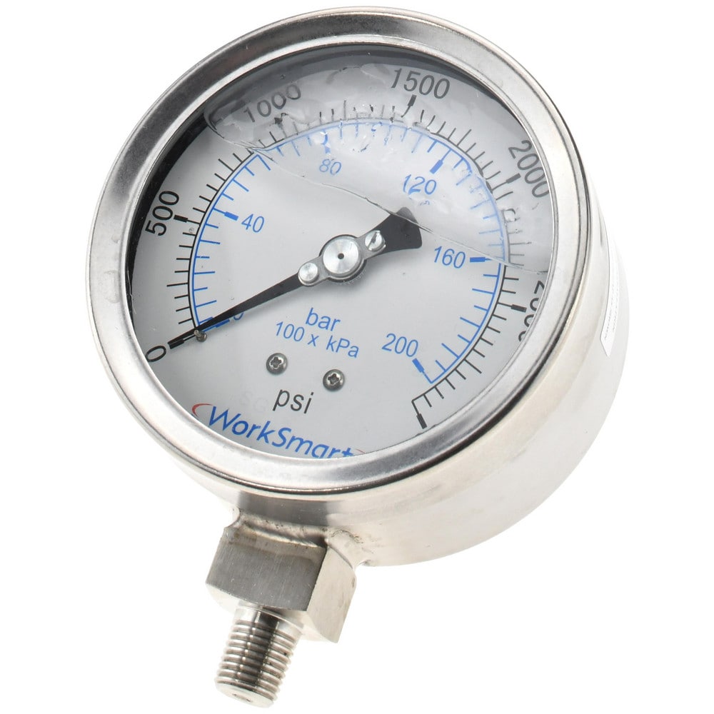 Pressure Gauge: 4" Dial, 3,000 psi, 1/4" Thread, NPT, Lower Mount