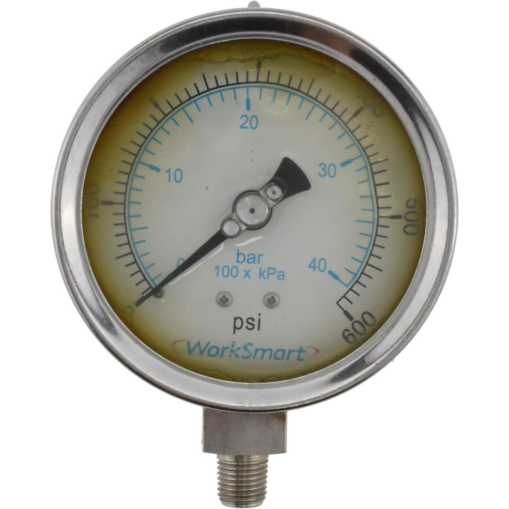Pressure Gauge: 4" Dial, 600 psi, 1/4" Thread, NPT, Lower Mount