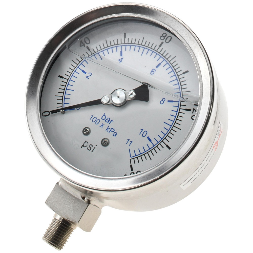 Pressure Gauge: 4" Dial, 160 psi, 1/4" Thread, NPT, Lower Mount