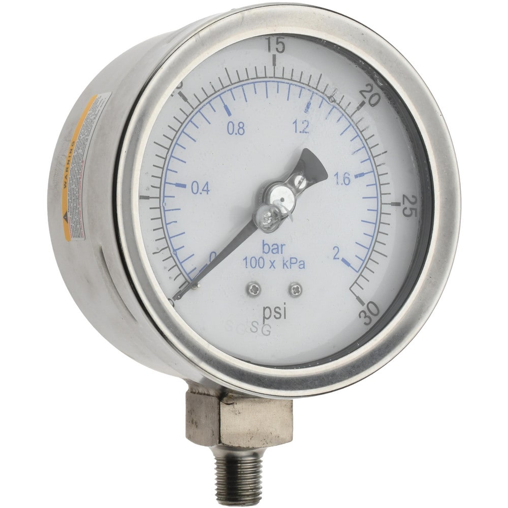 Pressure Gauge: 4" Dial, 30 psi, 1/4" Thread, NPT, Lower Mount
