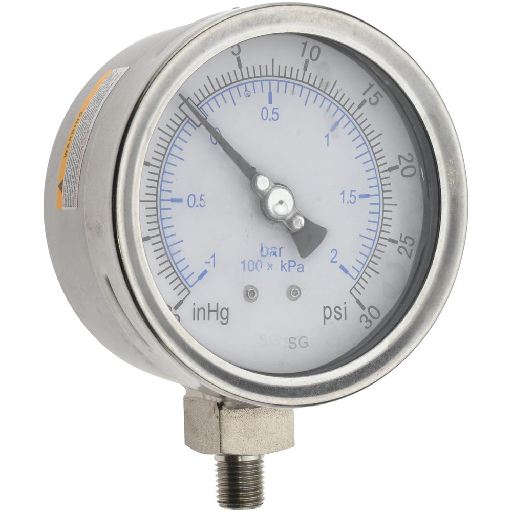 Pressure Gauge: 4" Dial, 30 psi, 1/4" Thread, NPT, Lower Mount