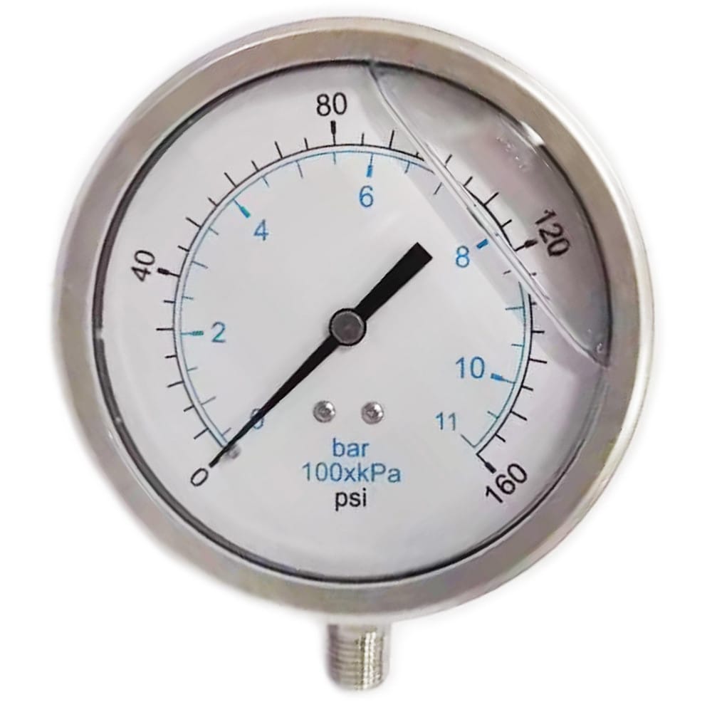 Pressure Gauge: 4" Dial, 160 psi, 1/4" Thread, NPT, Lower Mount