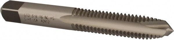 Spiral Point Tap: 3/8-16 UNC, 3 Flutes, Plug Chamfer, 2B/3B Class of Fit, High-Speed Steel, Bright/Uncoated