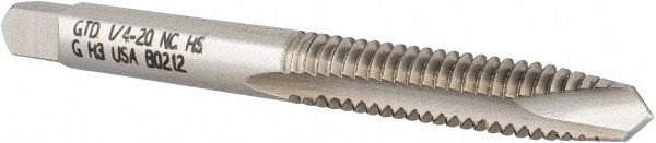 Spiral Point Tap: 1/4-20 UNC, 2 Flutes, Plug Chamfer, 2B/3B Class of Fit, High-Speed Steel, Bright/Uncoated