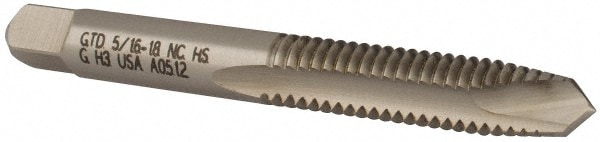 Spiral Point Tap: 5/16-18 UNC, 2 Flutes, Plug Chamfer, 2B/3B Class of Fit, High-Speed Steel, Bright/Uncoated