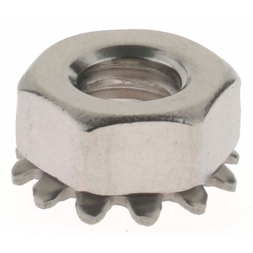 Hex Nuts With Lock Washers; Lock Washer Type: External Tooth ; Material: Stainless Steel ; Thread Size: 1/4-20 ; Width Across Flats: 0.4375 ; Washer Outside Diameter: 0.5 ; Overall Height: 0.234