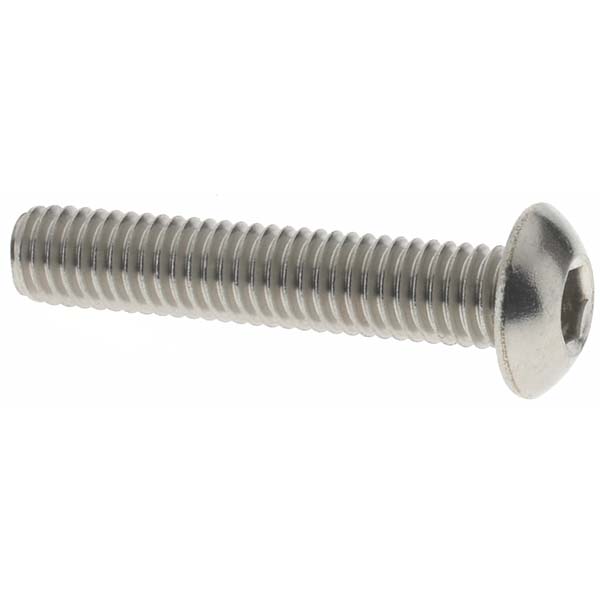 Button Socket Cap Screw: #10-32, 1" Length Under Head, Stainless Steel, Bright/Uncoated - 1/8" Drive, Hex Socket Drive, ANSI/ASME B18.3 & ASTM F837