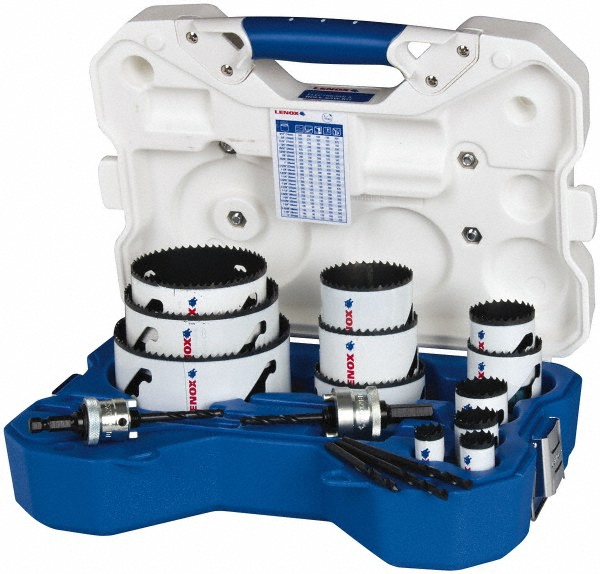 Plumber's's Hole Saw Kit: 17 Pc, 3/4 to 4-1/2" Dia - Bi-Metal, Includes (12) Hole Saws, (2) Arbors & (3) Pilot Drills