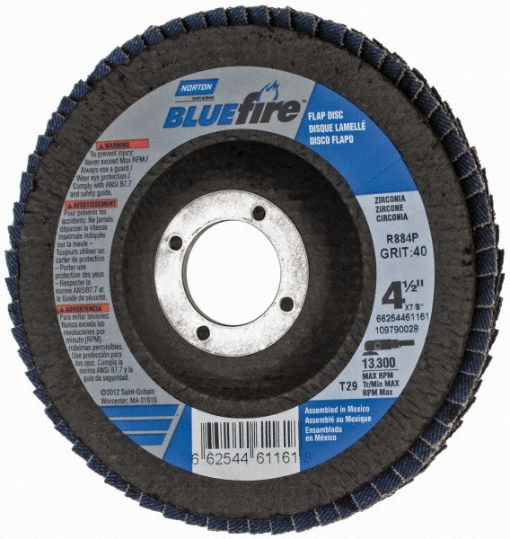 Flap Disc:  4-1/2" Dia, 7/8" Hole, Zirconia Alumina, Type 29 - Coated, Coarse Grade, Cotton-Backed, 13300 Max RPM