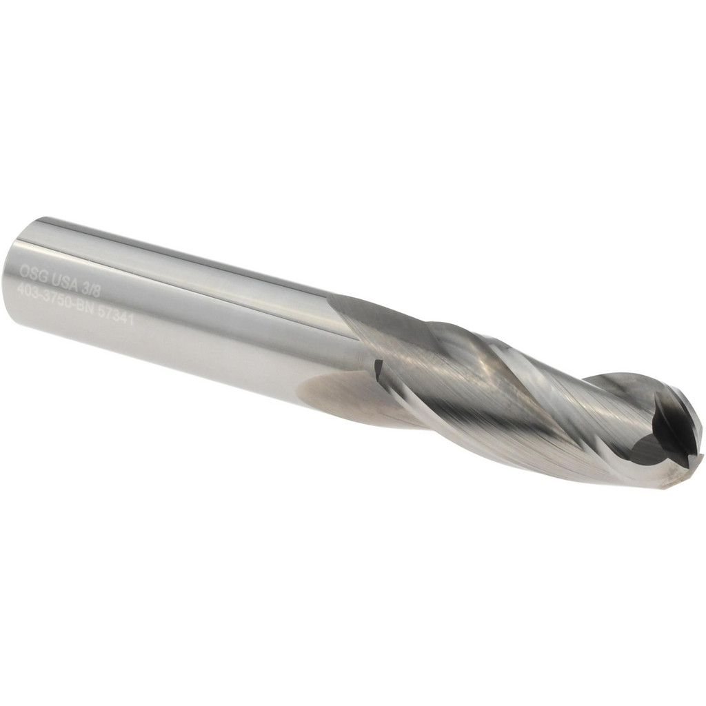 OSG Ball End Mill: 3/8" Dia, 1" LOC, 3 Flute, Solid Carbide - 2-1/2" OAL, 3/8" Shank Dia, 30 deg Helix, Bright/Uncoated Finish, Single End, 403BN