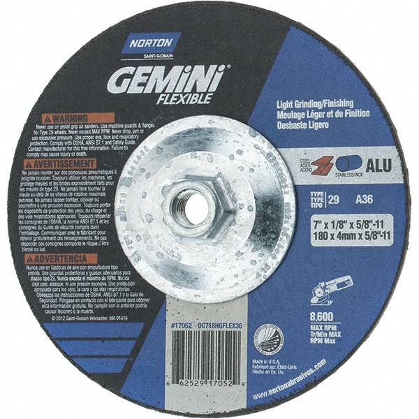 Depressed Center Wheel: Type 29, 7" Dia, Aluminum Oxide