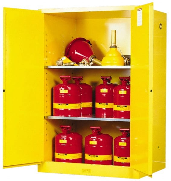 Justrite. 899000 Flammable & Hazardous Storage Cabinets: 90 gal Drum, 2 Door, 2 Shelf, Manual Closing, Yellow 