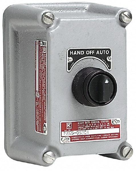 Selector Switch Control Stations; Number of Operators: 2 ; Operator Type: Knob ; Operation Type: Maintained (MA) ; Color: Gray ; NEMA Rating: 3; 7; 9 ; Standards Met: CSA File LR11714 Certified; UL File E12379; UL Listed File E53360