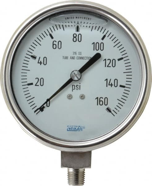 Wika 9832381 Pressure Gauge: 4" Dial, 0 to 160 psi, 1/4" Thread, NPT, Lower Mount 