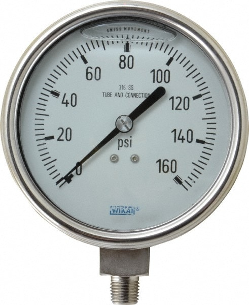 Wika 9832381 Pressure Gauge: 4" Dial, 0 to 160 psi, 1/4" Thread, NPT, Lower Mount Image