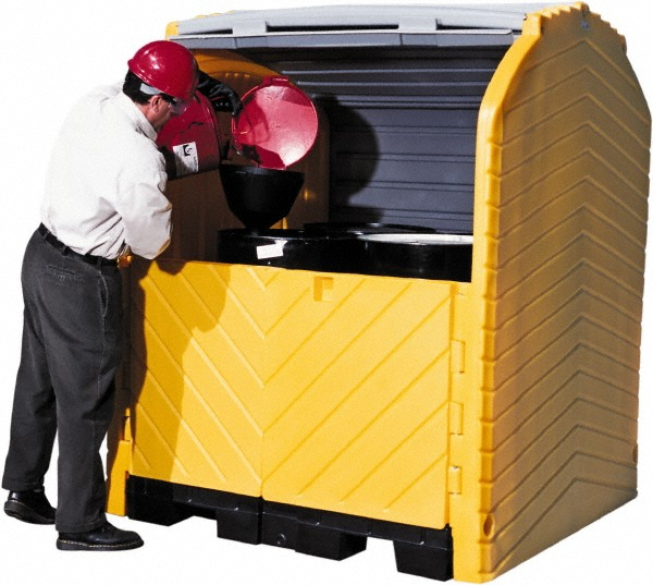 62" Wide x 64-1/2" Deep x 79" High, Polyethylene Vertical Drum Cabinet - Yellow/Black, Roll Top & Swing-out Barn Style Door, 1 Shelf, 4 Drums