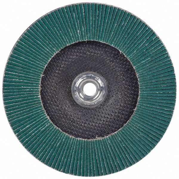 Flap Disc:  4-1/2" Dia, 7/8" Hole, Zirconia Alumina, Type 27 - Coated, Coarse Grade, Polyester-Backed, 13300 Max RPM