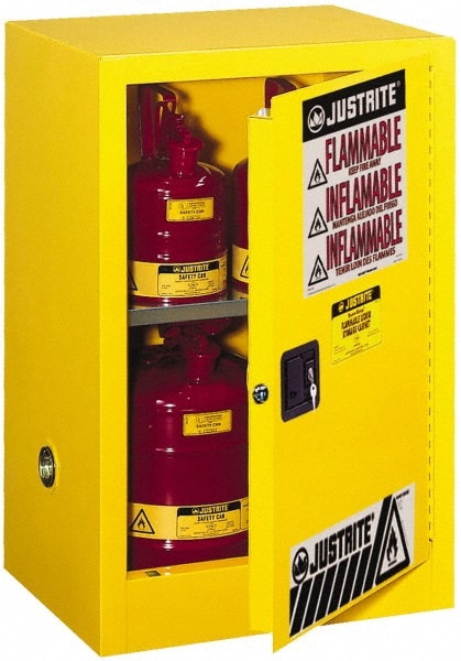 Justrite. 891200 Space Saver Cabinet: Manual Closing, 1 Shelf, Yellow Image