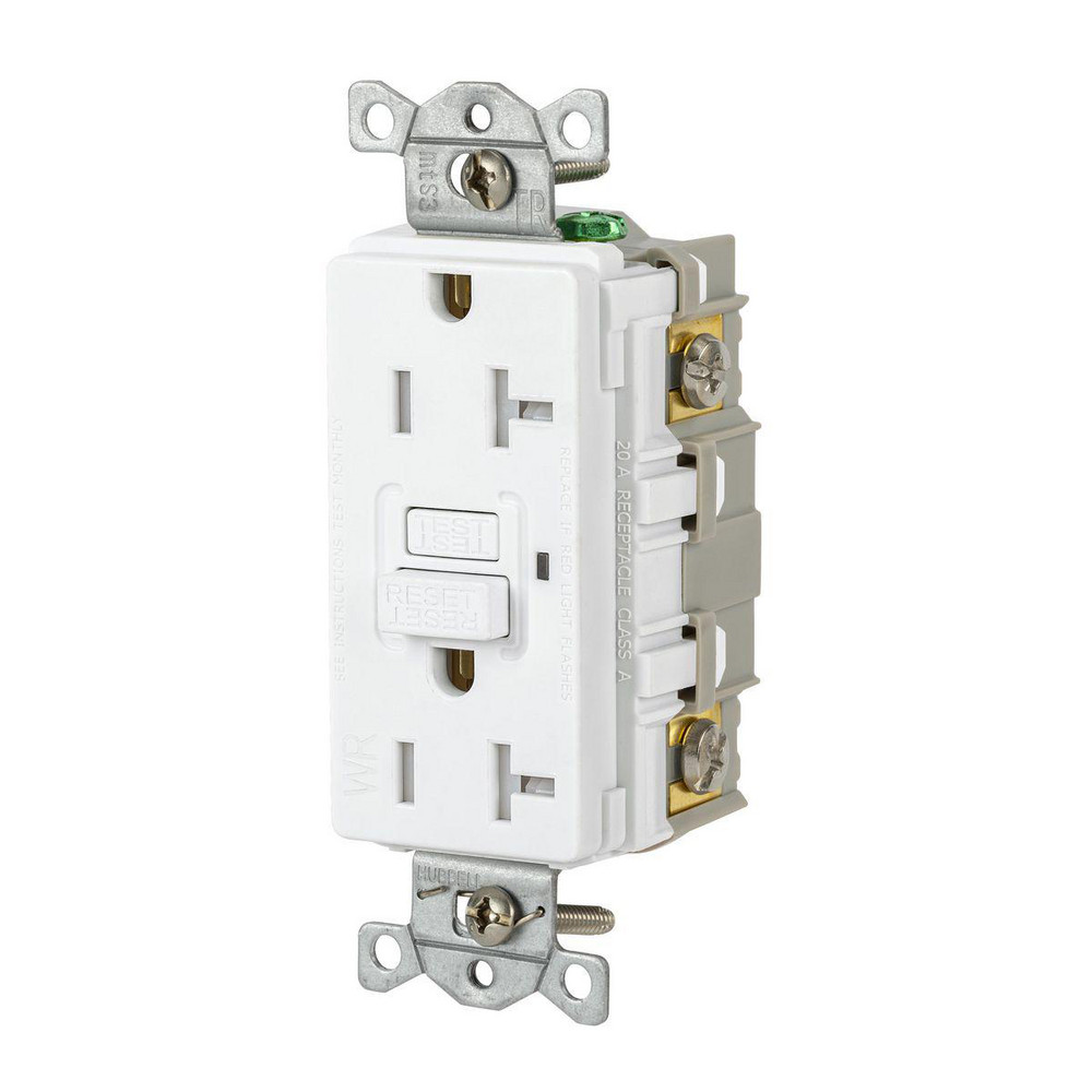 GFCI Receptacles; Grade: Commercial ; Receptacle Type: Duplex ; NEMA Configuration: 5-20R ; Wire Connection Type: Screw Terminals ; End Type: Socket ; Reset Type: Manual