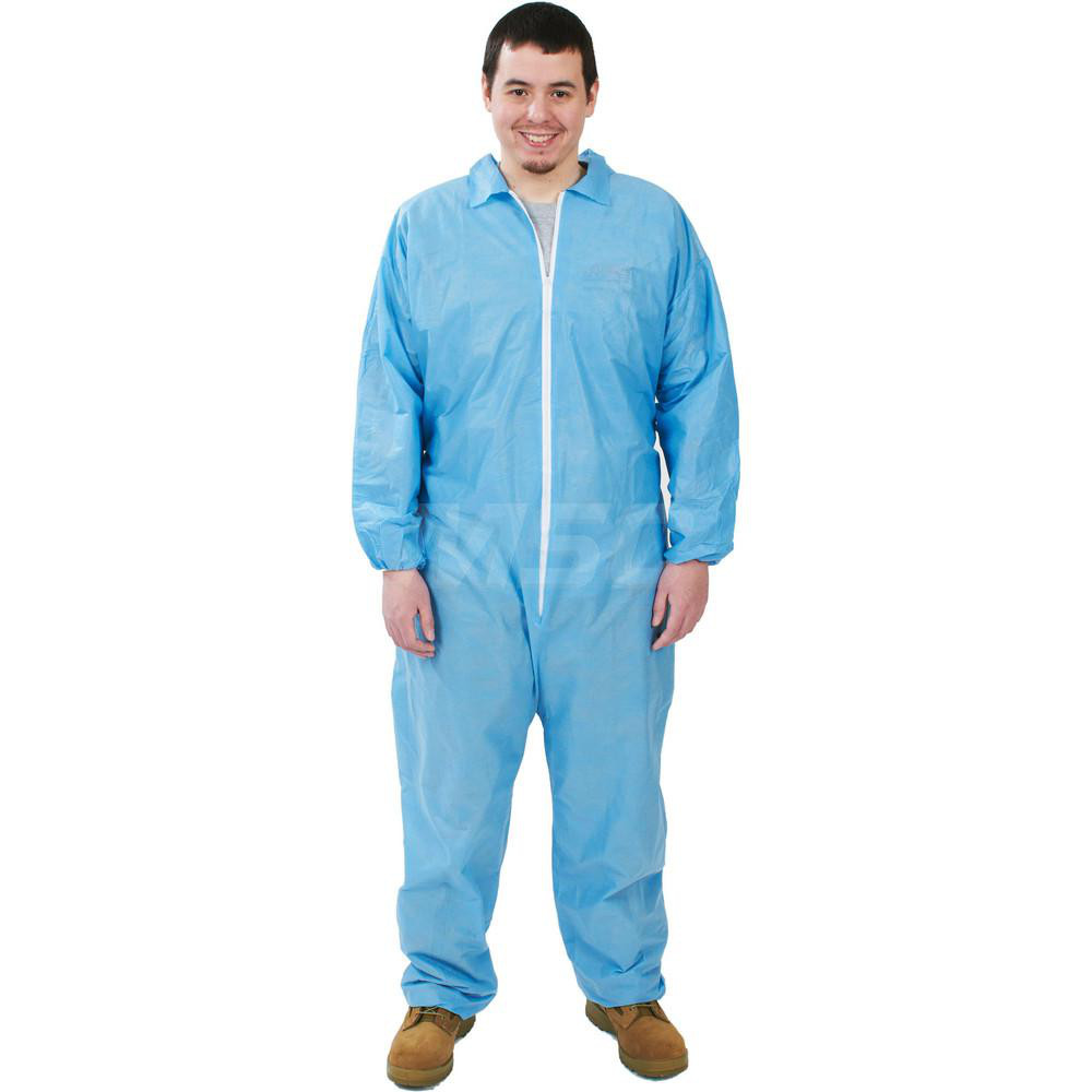 Disposable Coveralls: Chemical Protection, Size 4X-Large, 1.6000 oz, SMS - Zipper Closure,  Blue,  Serged Seam, Elastic Cuff, Elastic Ankle, ISO Class 6