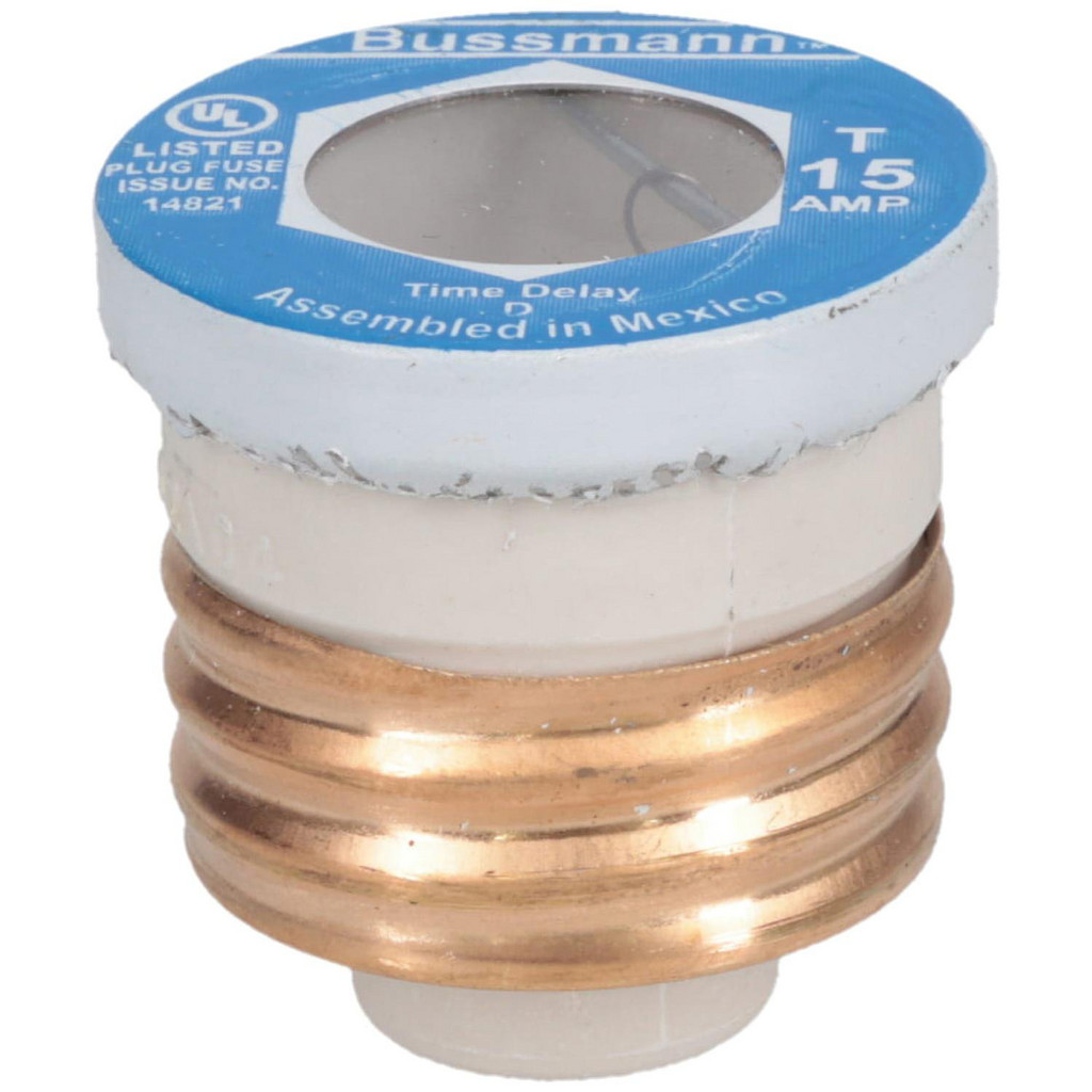 Cooper Bussmann Plug Fuse: Time Delay, 125 V, 15 A - 2-1/4" Dia, Plastic | 4-Pack | Part #T-15
